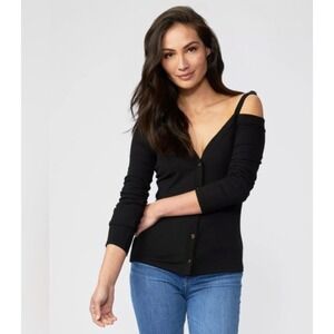 Paige Black Ribbed Asymmetrical Cold One Shoulder Button Front Cardigan Top